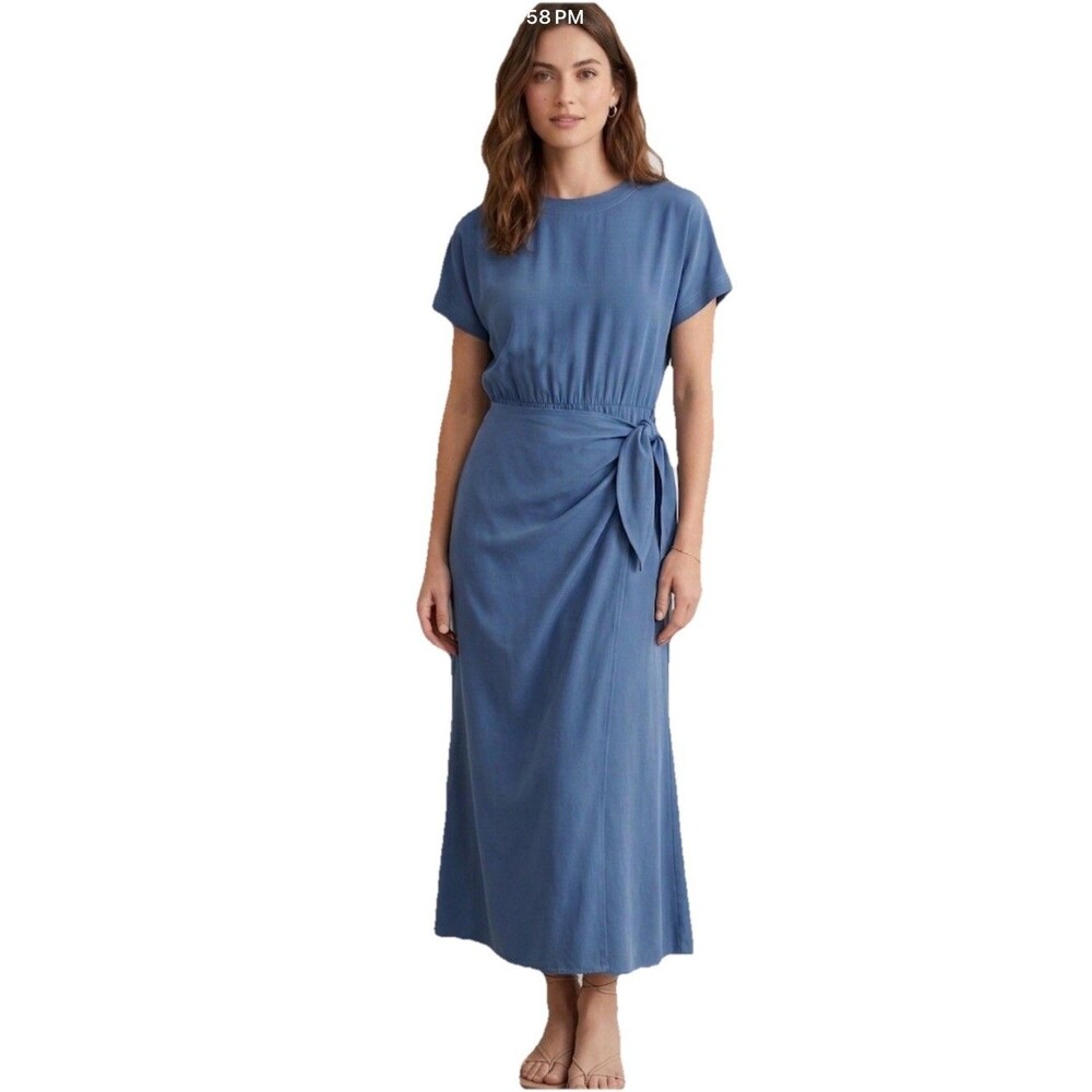 Maggy London Blue 100% Silk Shift Pencil Dress Short Sleeve Tie Waist Size 6